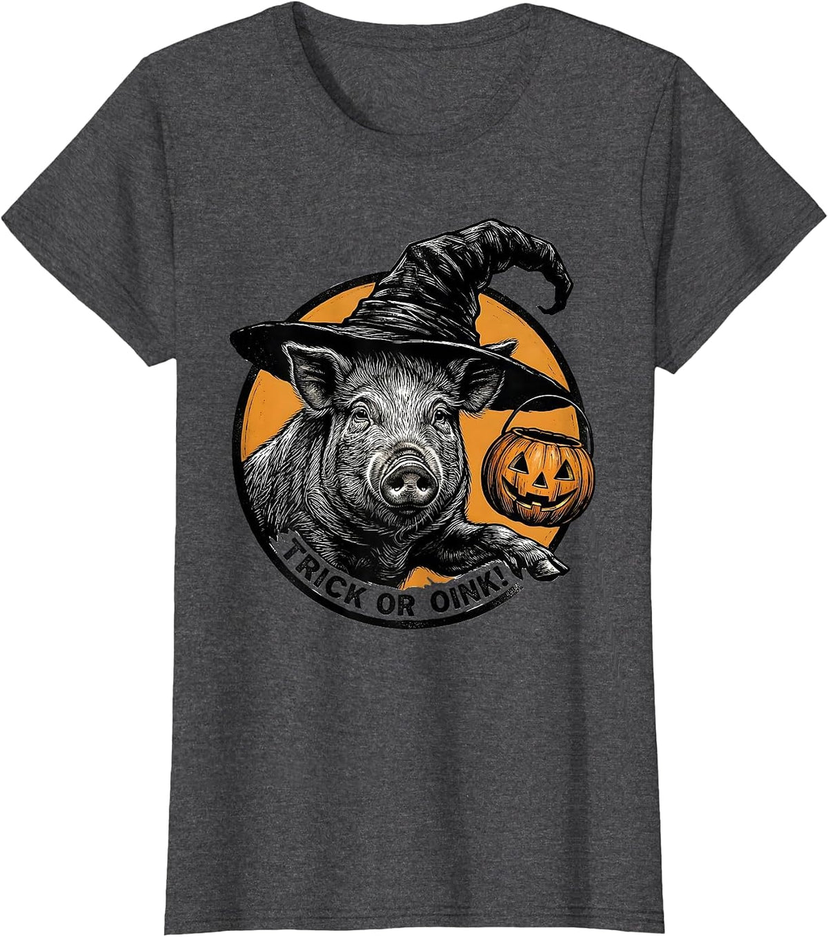 Women's Trick or Oink! Scratchboard Pig Witch Hat Halloween Costume T-Shirt - Dark Heather Grey
