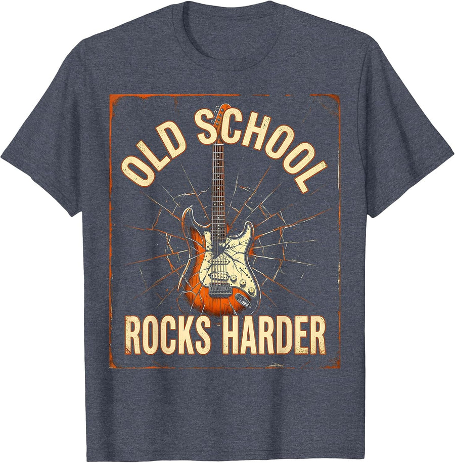 Old School Rocks Harder Vintage Rock Band Design T-Shirt - Heather Blue