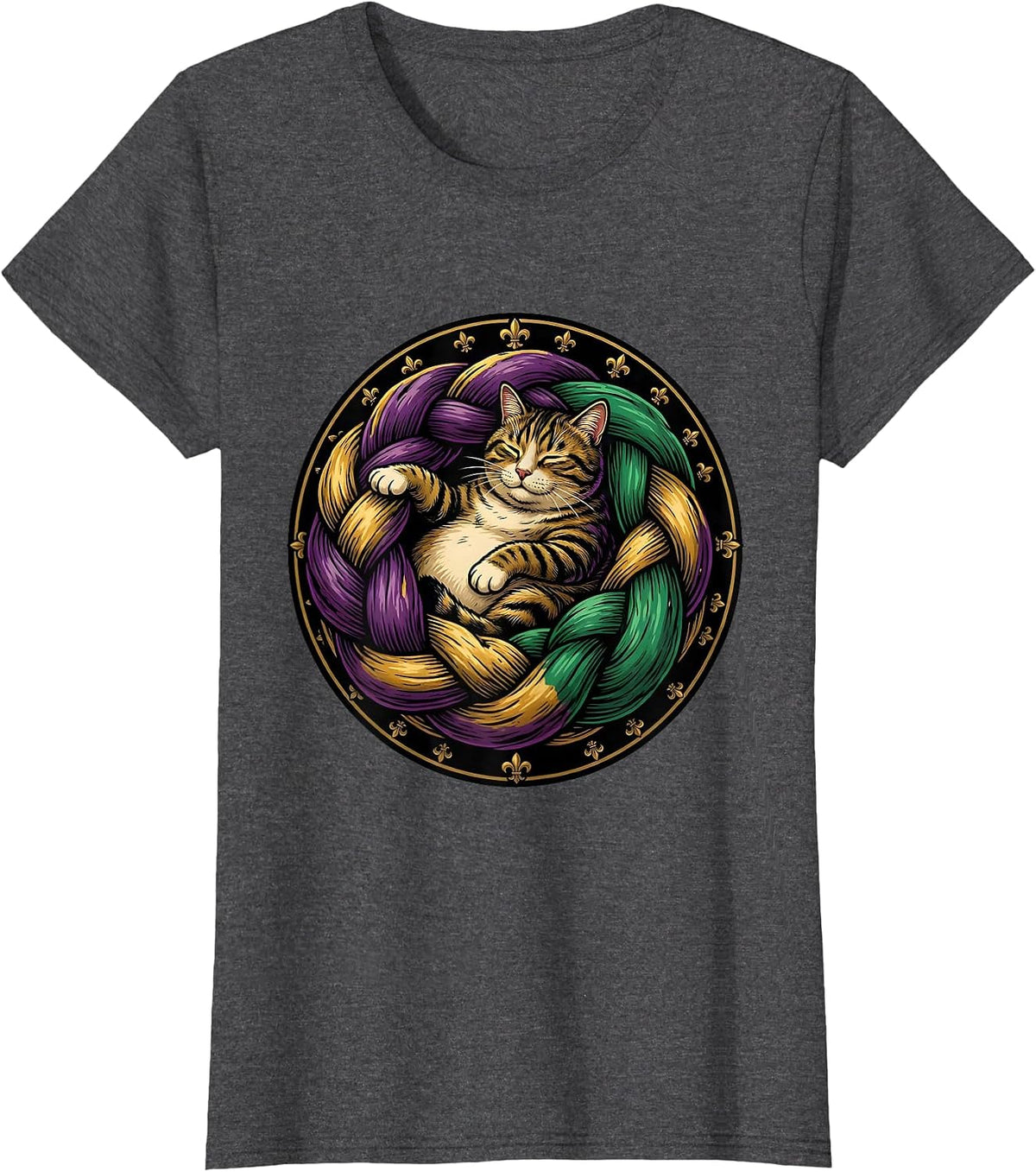 Women's Mardi Gras Cat Lounging in a King Cake T-Shirt - Dark Heather Grey