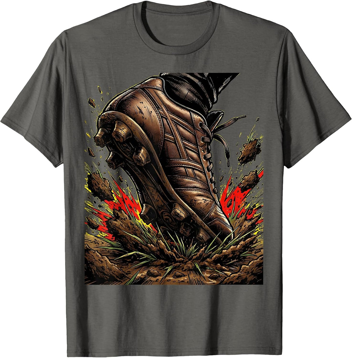 Rugby Muddy Boots Stomping Grass Illustration T-Shirt - Asphalt Grey