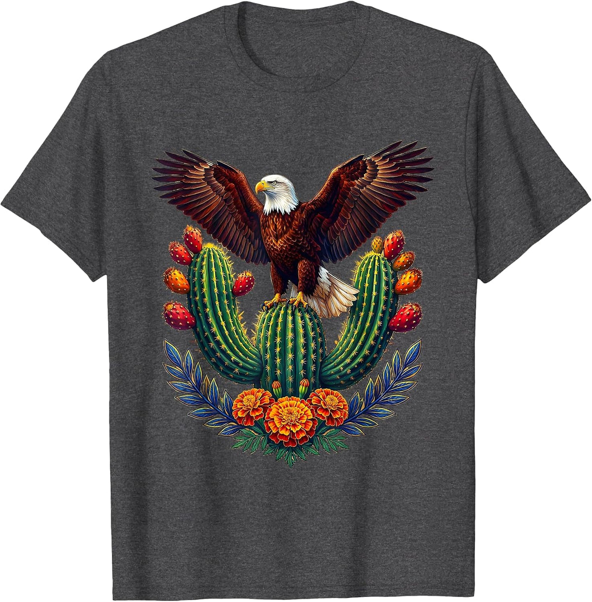 Mexican American Bald Eagle Nopal Cactus Design T-Shirt - Dark Heather Grey