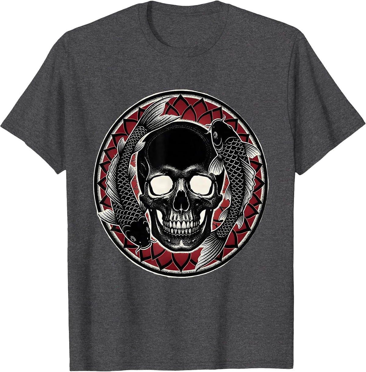 Skull and Koi Fish Graphic Design T-Shirt - Dark Heather Grey