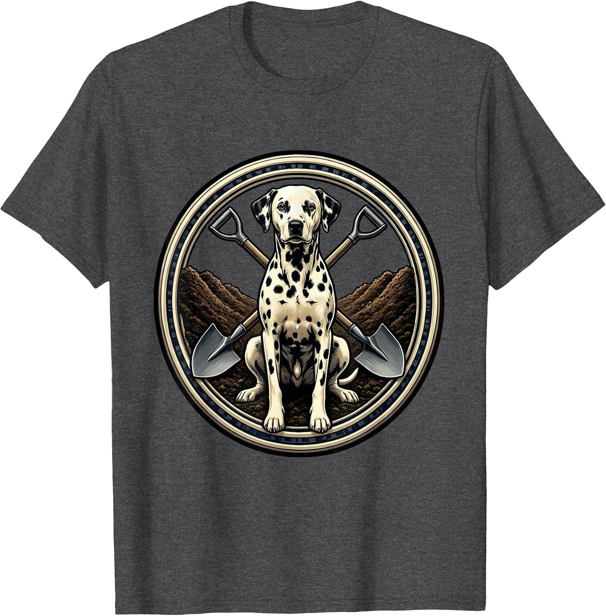 Men's Dalmatian Digging Enormous Hole in Backyard T-Shirt - Dark Heather Grey