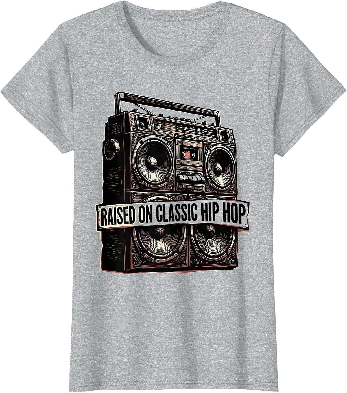 Raised On Classic Hip Hop Linocut Retro Cassette Nostalgia T-Shirt - Heather Grey