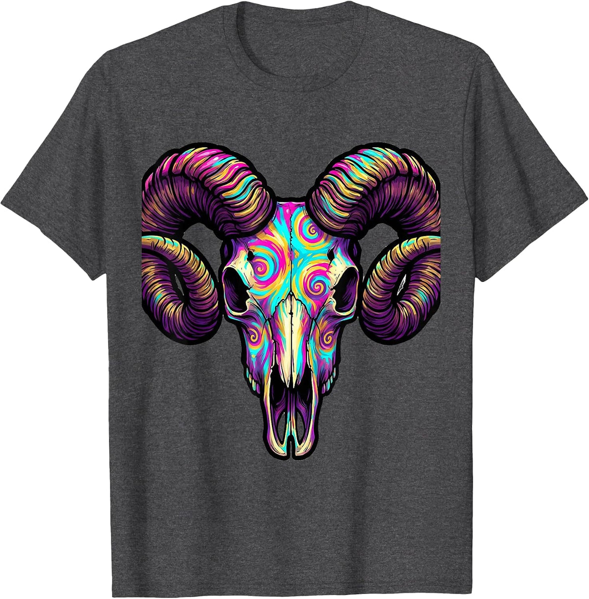 Tie Dye Ram Skull with Curling Horns Design T-Shirt - Dark Heather Grey