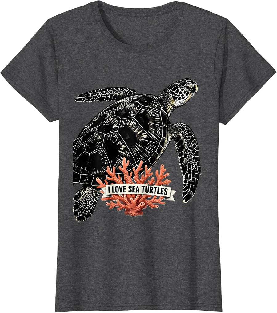Women's I Love Sea Turtles Funny Ocean Wildlife Animal Lover Gift T-Shirt - Dark Heather Grey