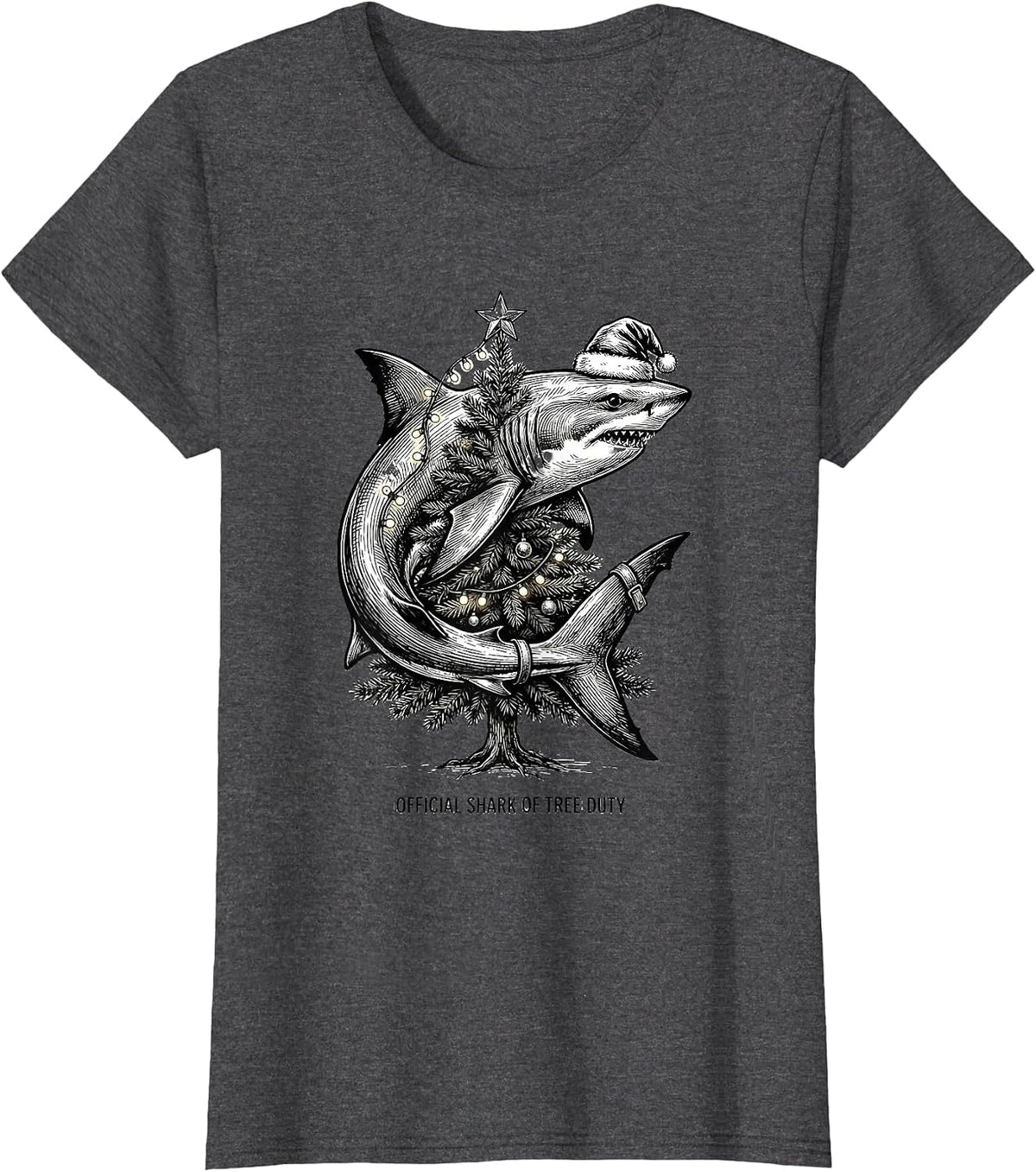Women's Official Shark of Tree Duty Funny Shark Santa Hat Christmas T-Shirt - Dark Heather Grey