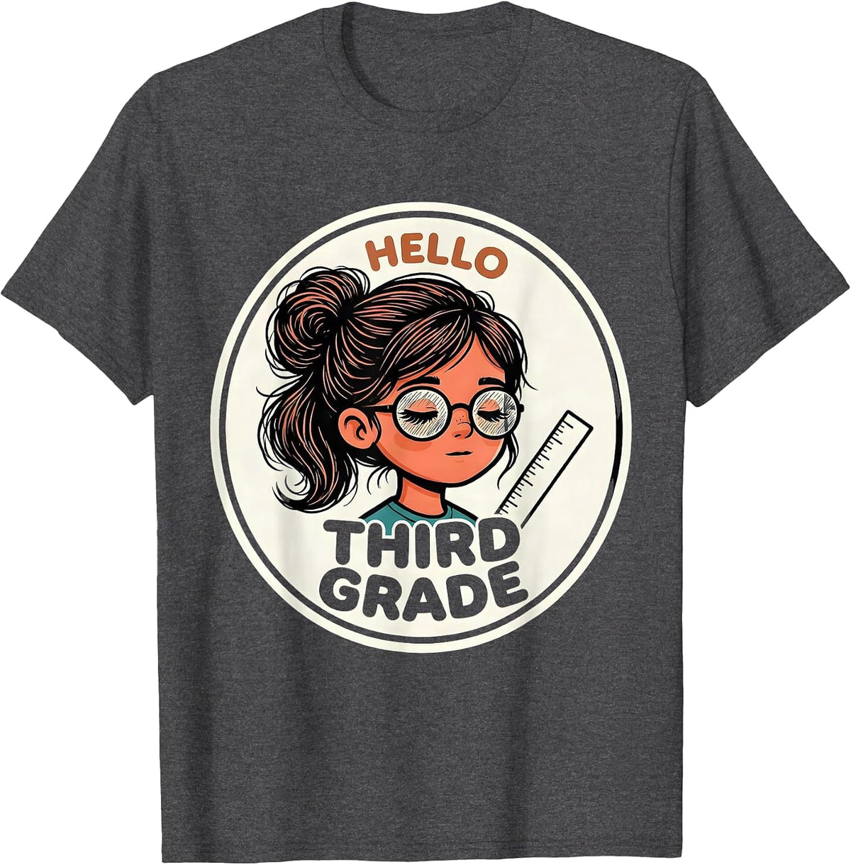 Hello Third Grade Back To School Messy Bun Cartoon Girl T-Shirt - Dark Heather Grey