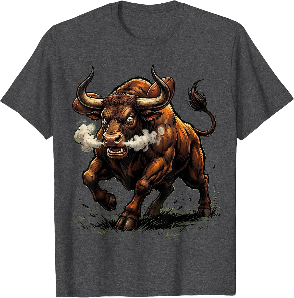 Charging Bull Rugby Player Graphic Tee T-Shirt - Dark Heather Grey