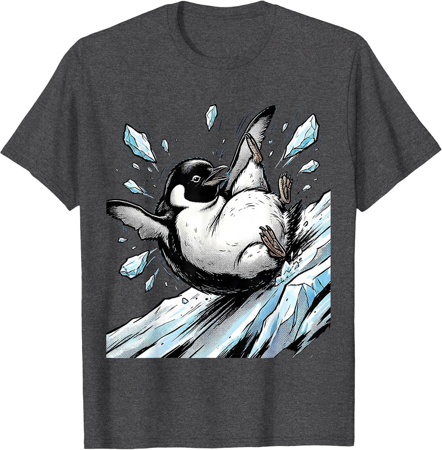 Men's Funny Penguin Wiping Out on Ice Slide T-Shirt - Dark Heather Grey