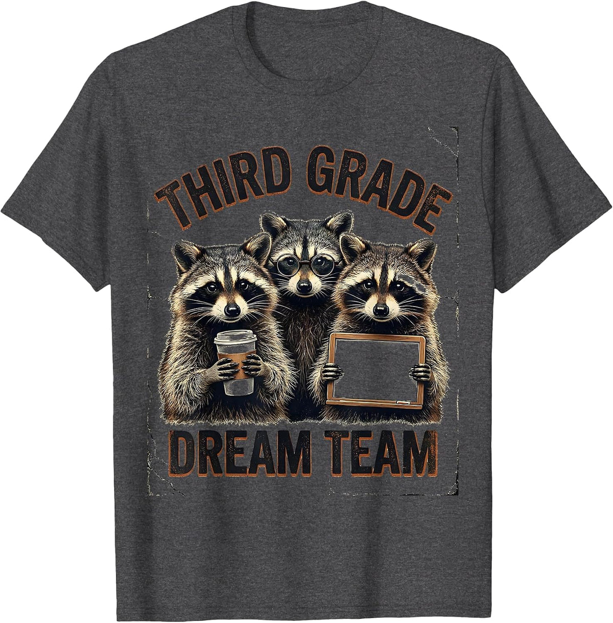 Men's Third Grade Dream Team Distressed Raccoon Teacher Back T-Shirt - Dark Heather Grey