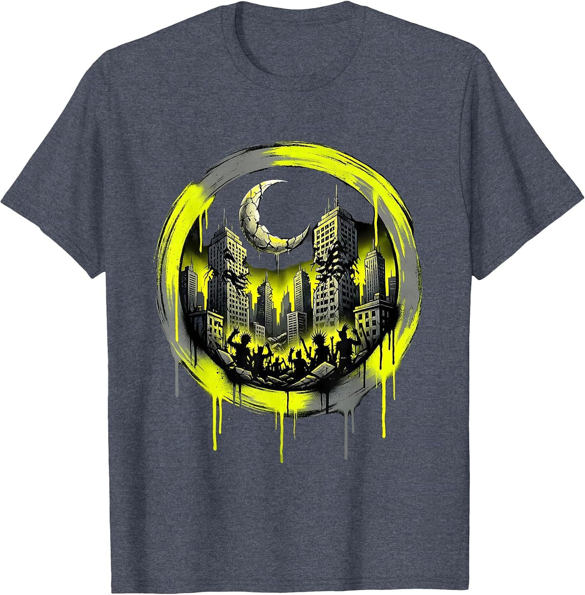 Punk Crumbling City Skyline Midnight Graphic T-Shirt - Heather Blue