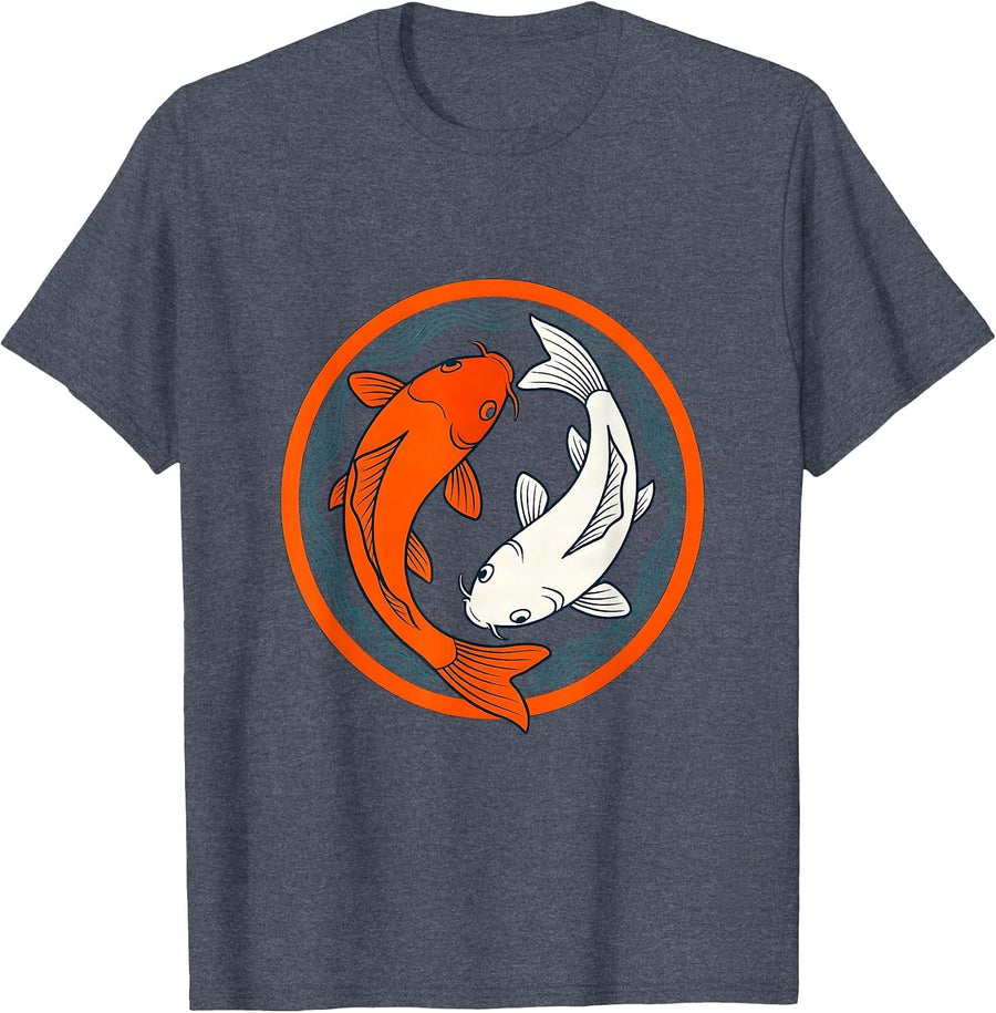 Twin Koi Fish Circling Yin Yang Harmony Design T-Shirt - Heather Blue