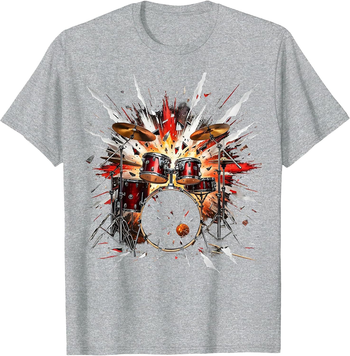 Men's Exploding Drum Kit Firework Burst Music Art T-Shirt - Heather Grey