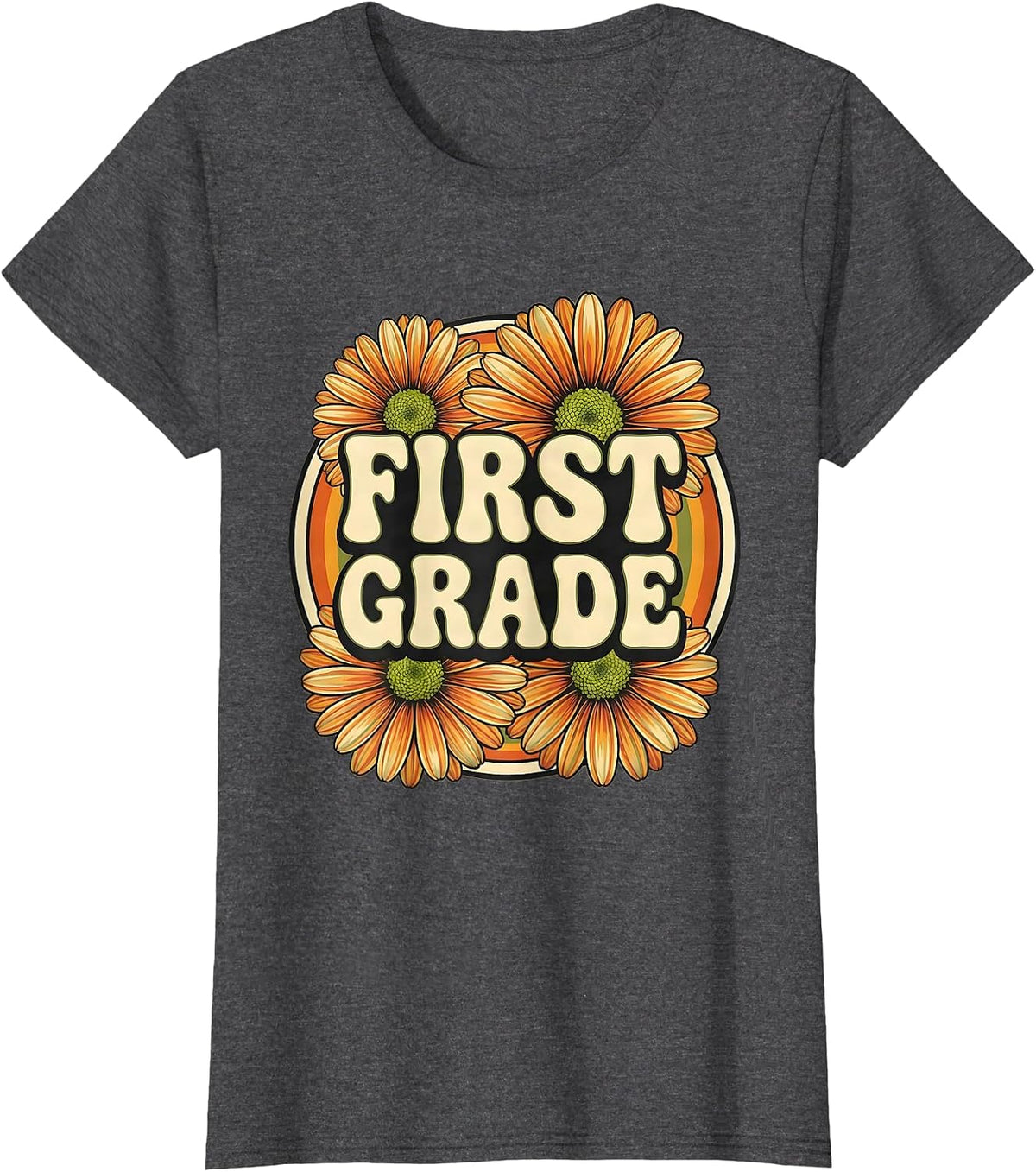 Women's FIRST GRADE Retro Flower Power Squared First Grade Back To T-Shirt - Dark Heather Grey