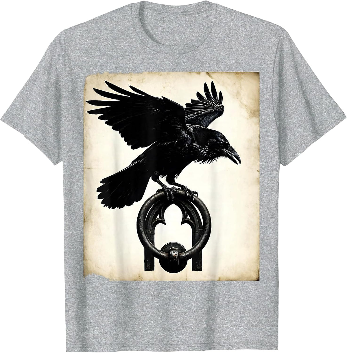 Men's Raven on Door Knocker Gothic Dark Art Illustration T-Shirt - Heather Grey