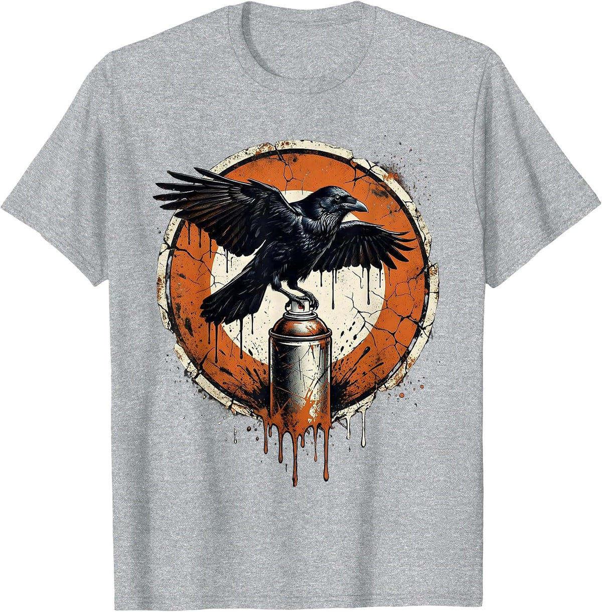 Men's Grunge Crow on Dripping Spray Can Illustration T-Shirt - Heather Grey