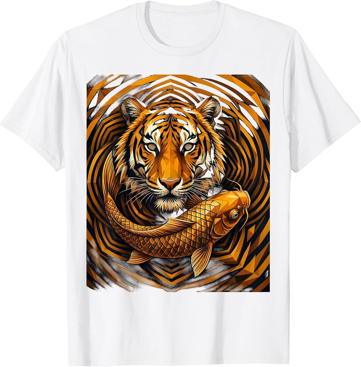 Men's Tiger and Koi Fish Swirling Water Graphic T-Shirt - White