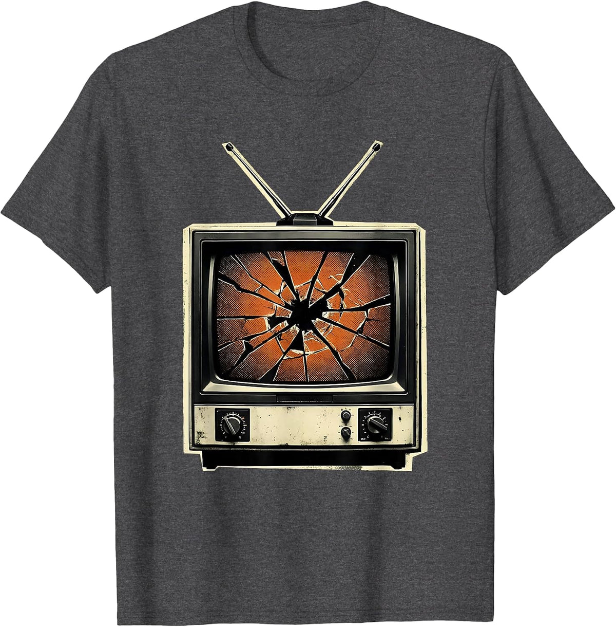 Grunge Smashed Vintage TV Static Illustration T-Shirt - Dark Heather Grey
