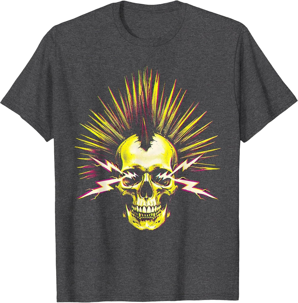 Men's Punk Mohawk Skull Lightning Bolt Eyes Design T-Shirt - Dark Heather Grey