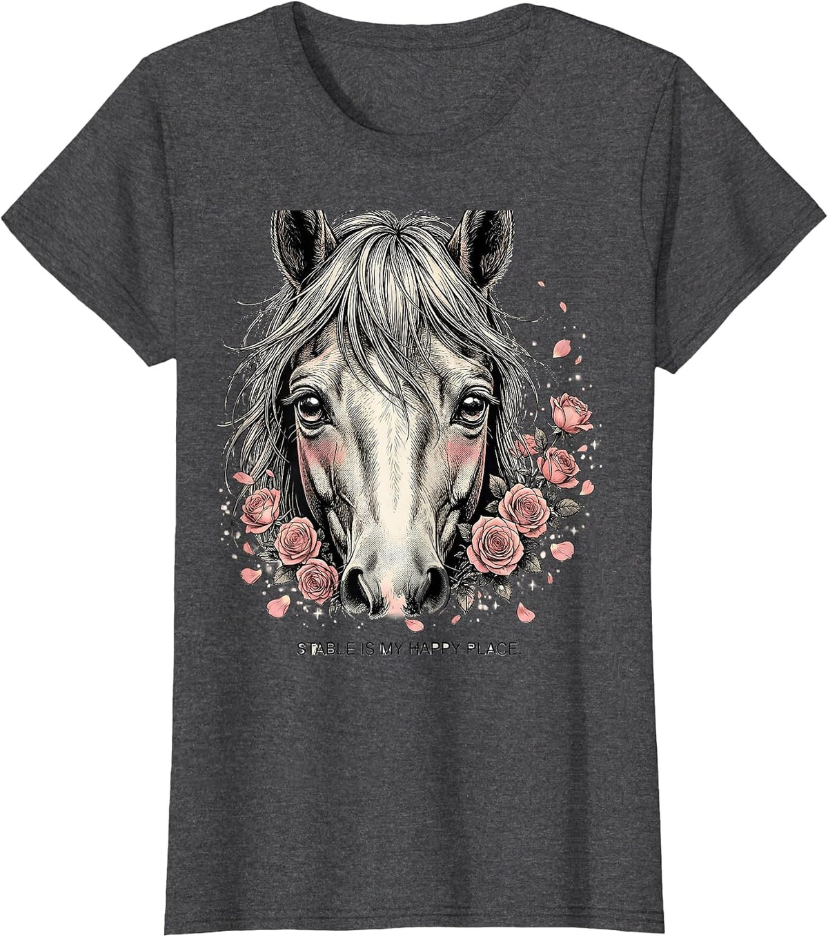 Women's Stable Is My Happy Place Horse Lover Design T-Shirt - Dark Heather Grey