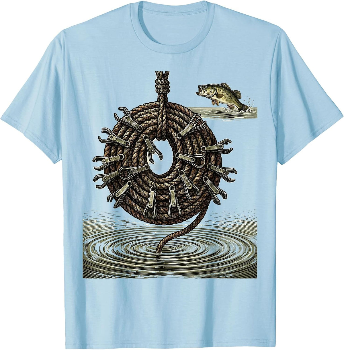 Men's Vintage Engraved Fish Stringer Funny Bass Fishing Humor T-Shirt - Baby Blue