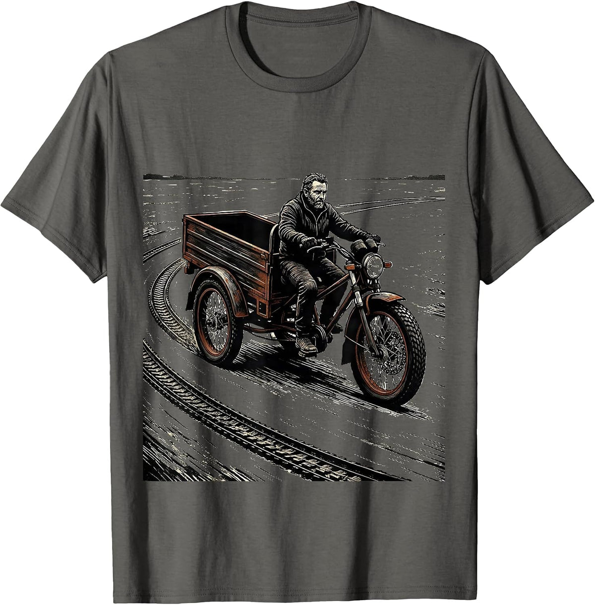 Men's Old Guy Trike Linocut Cycling Humor T-Shirt - Asphalt Grey