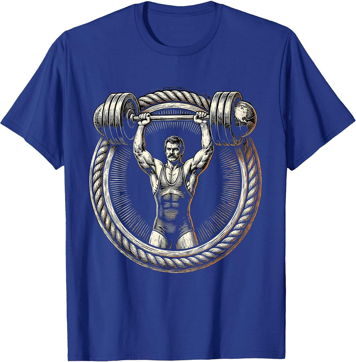 Retro Strongman Mustachioed Dumbbell Lifter T-Shirt - Royal Blue
