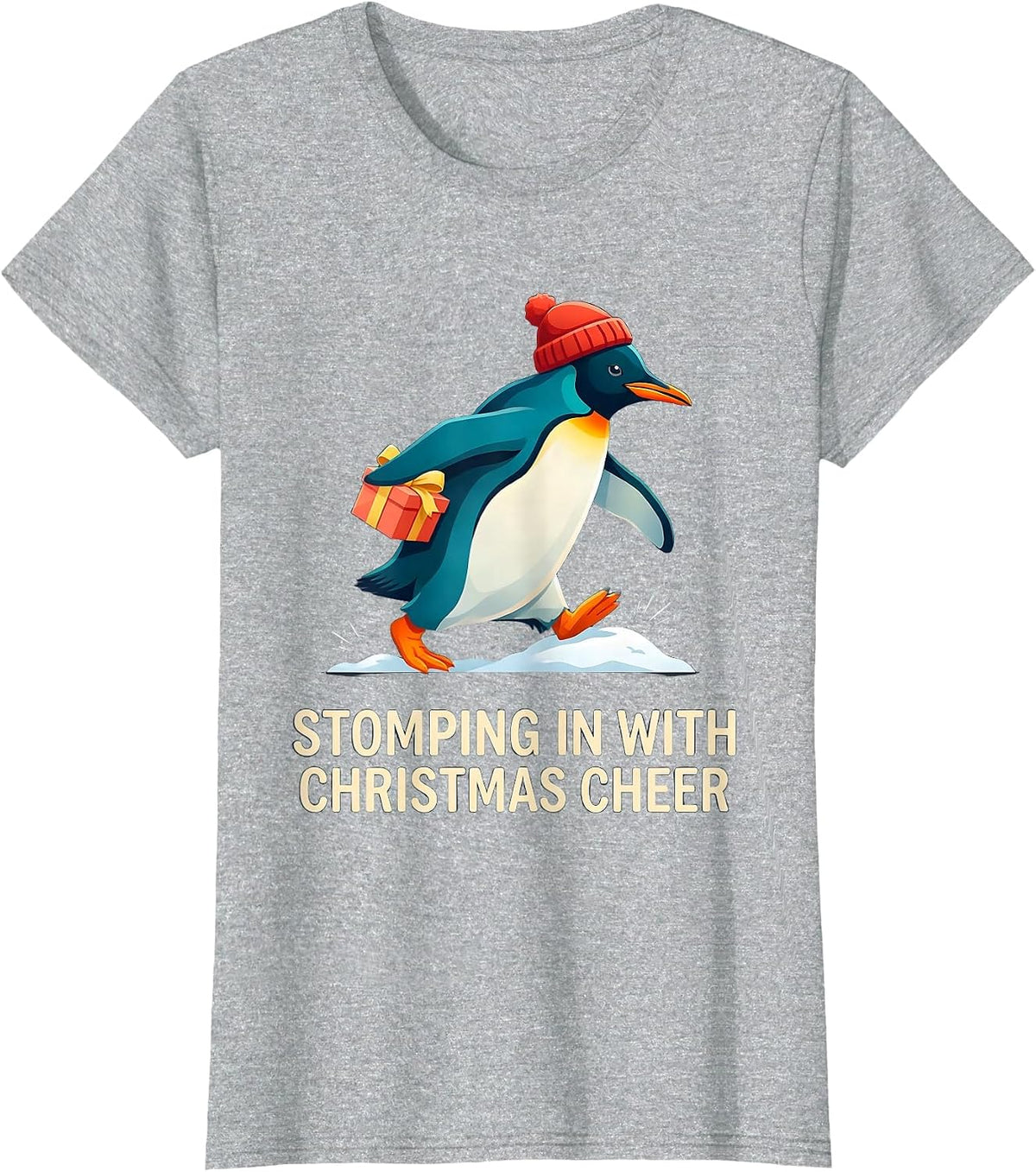 Women's Stomping In With Christmas Cheer Funny Penguin Lover T-Shirt - Heather Grey