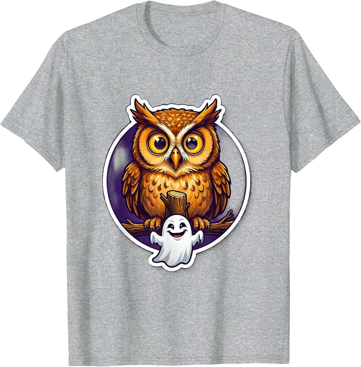 Men's Startled Owl and Ghost Funny Halloween Design T-Shirt - Heather Grey
