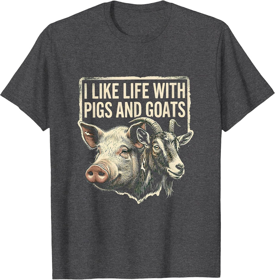 Men's I Like Life With Pigs And Goats Funny Farm Animal Humor T-Shirt - Dark Heather Grey