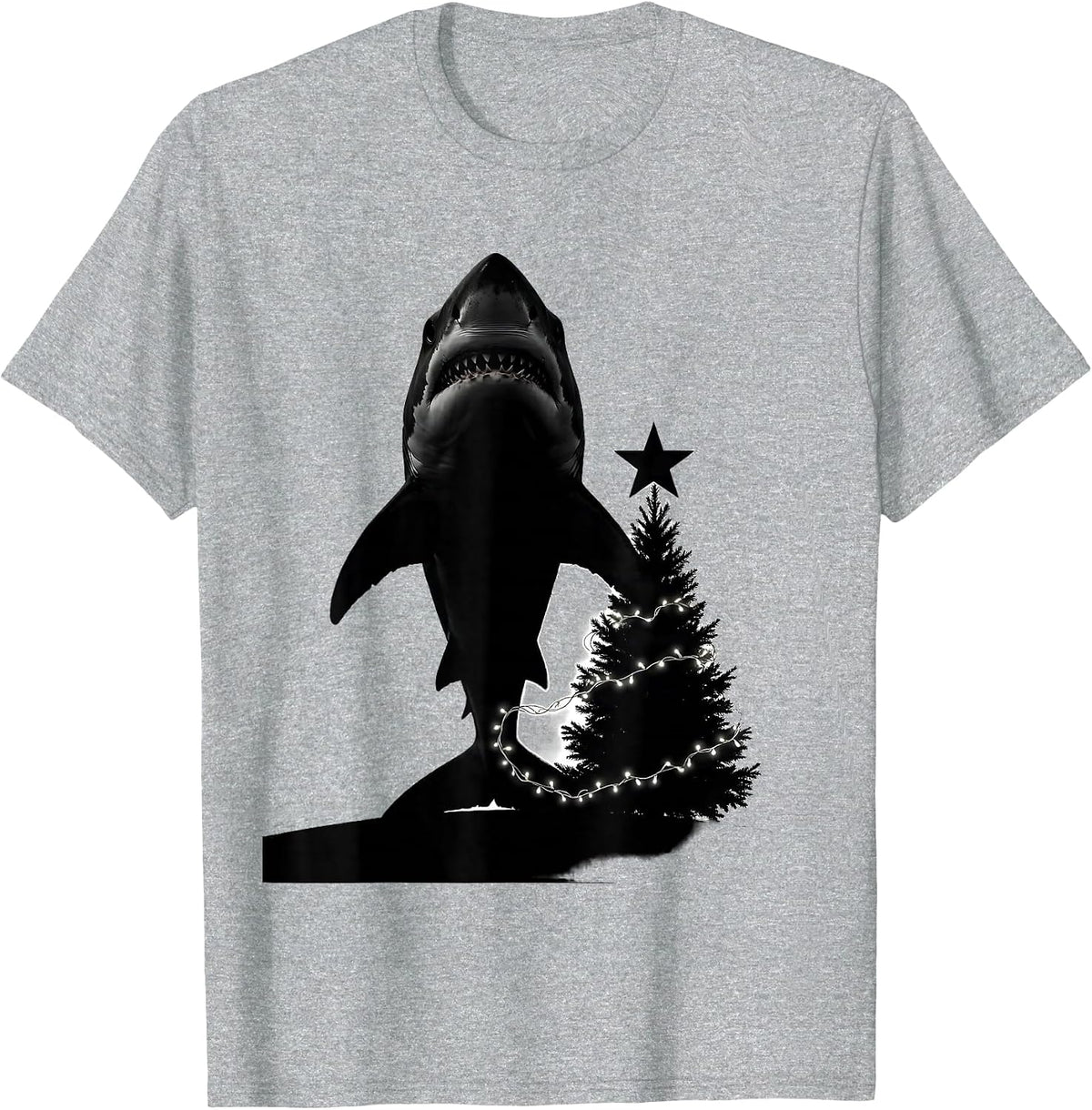 Men's Shark Silhouette Christmas Lights Star and Tree Funny T-Shirt - Heather Grey