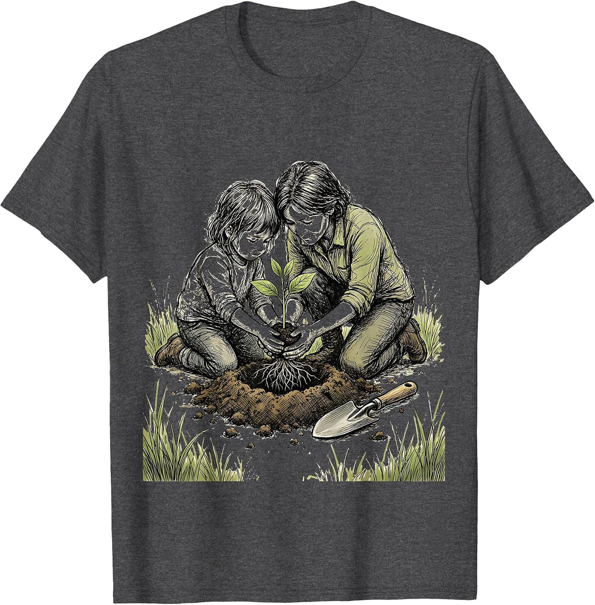 Men's Preschool Teacher Planting Seedling With Child T-Shirt - Dark Heather Grey