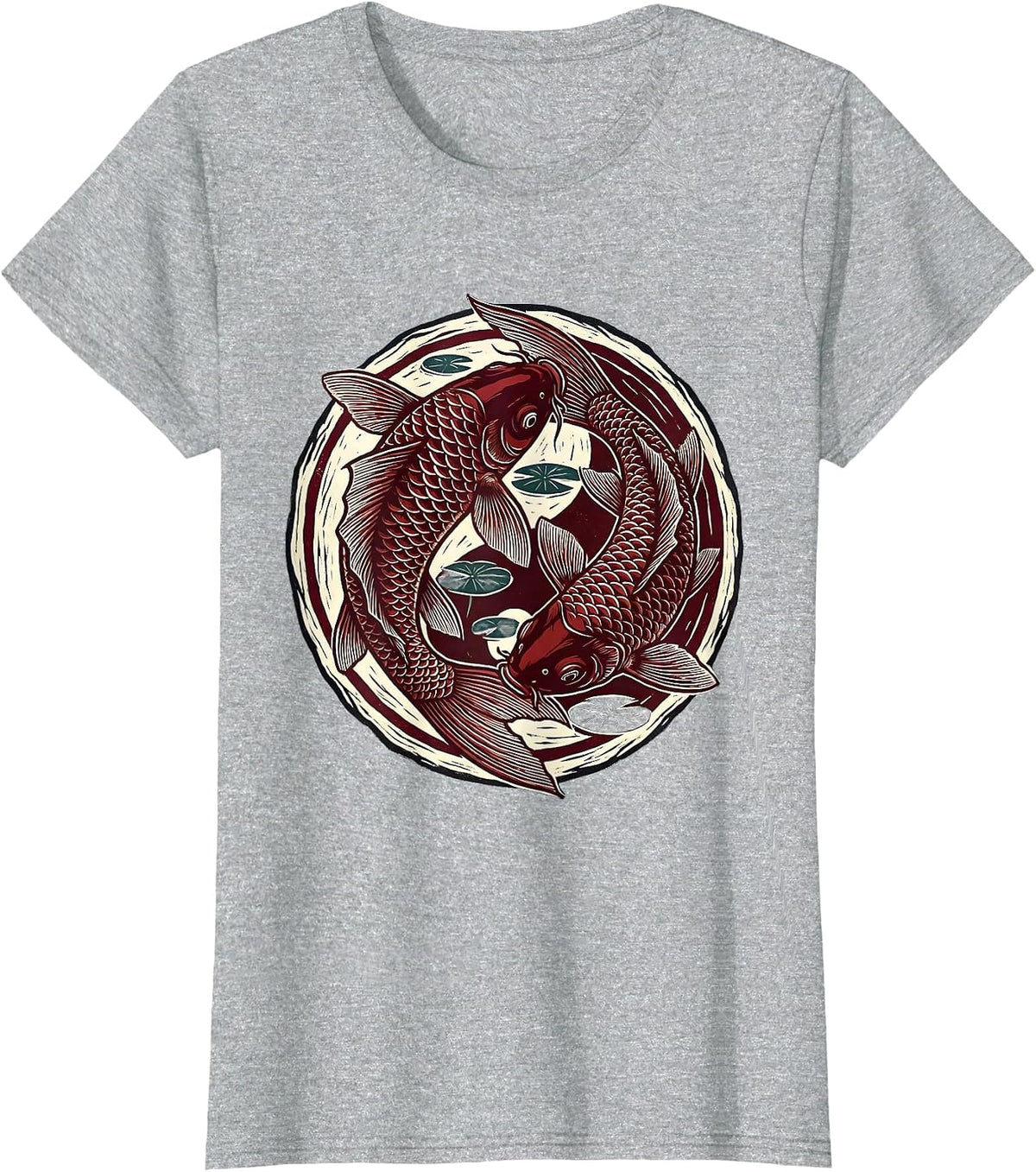 Koi Fish Circling Round Pond Illustration T-Shirt - Heather Grey