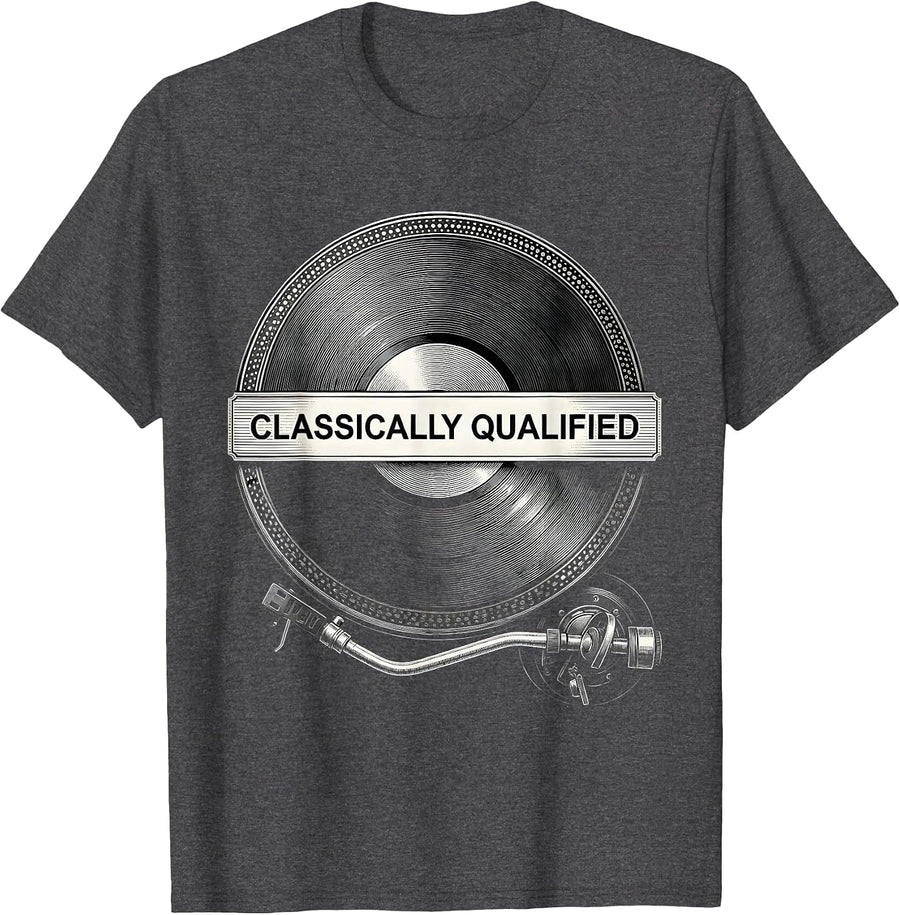 Men's Classically Qualified Retro Tech Analog Enthusiast Humor T-Shirt - Dark Heather Grey