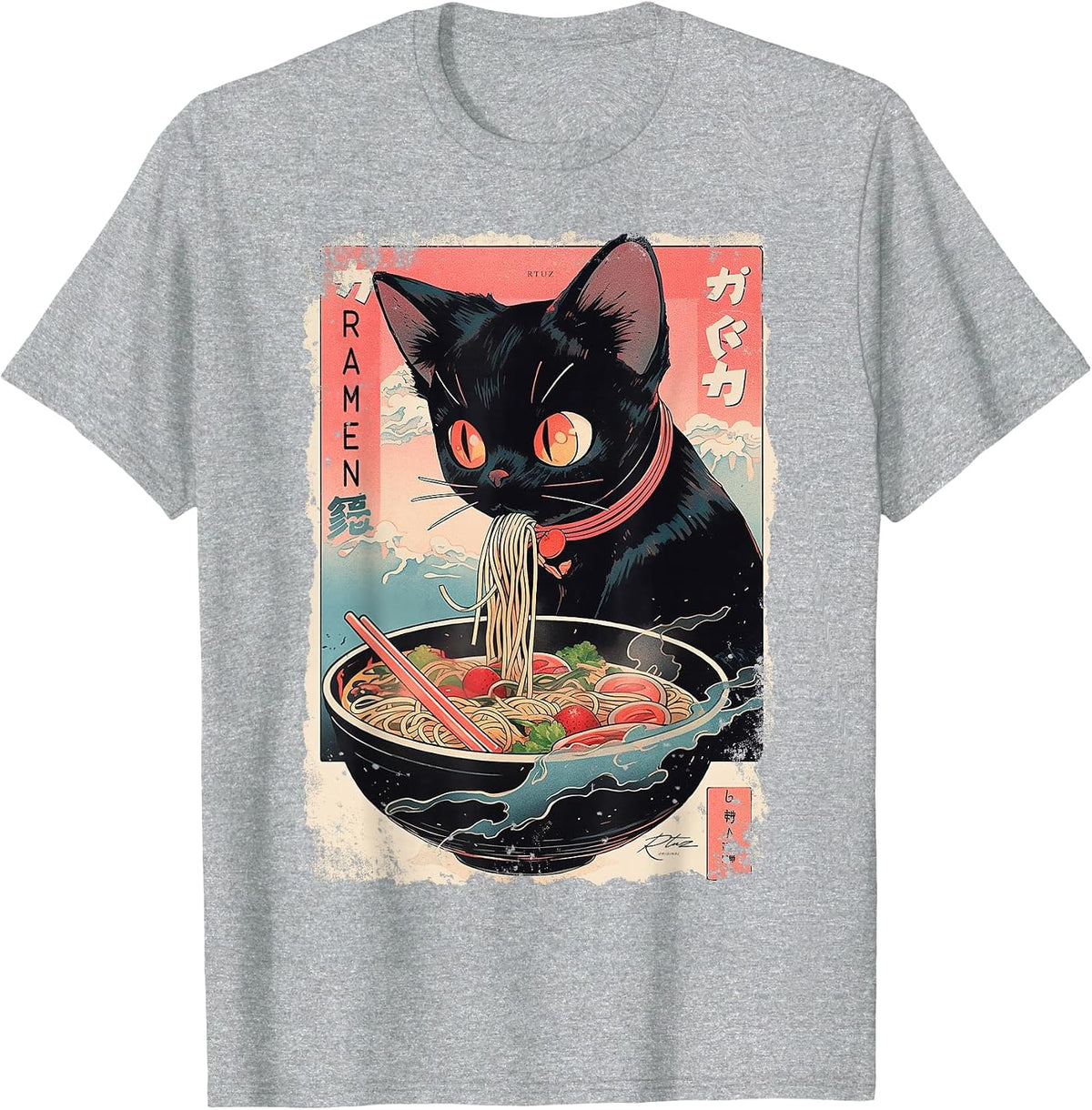 Ramen Noodles Cat Japan Y2K Kawaii Retro Cats Manga Anime T-Shirt - Heather Grey