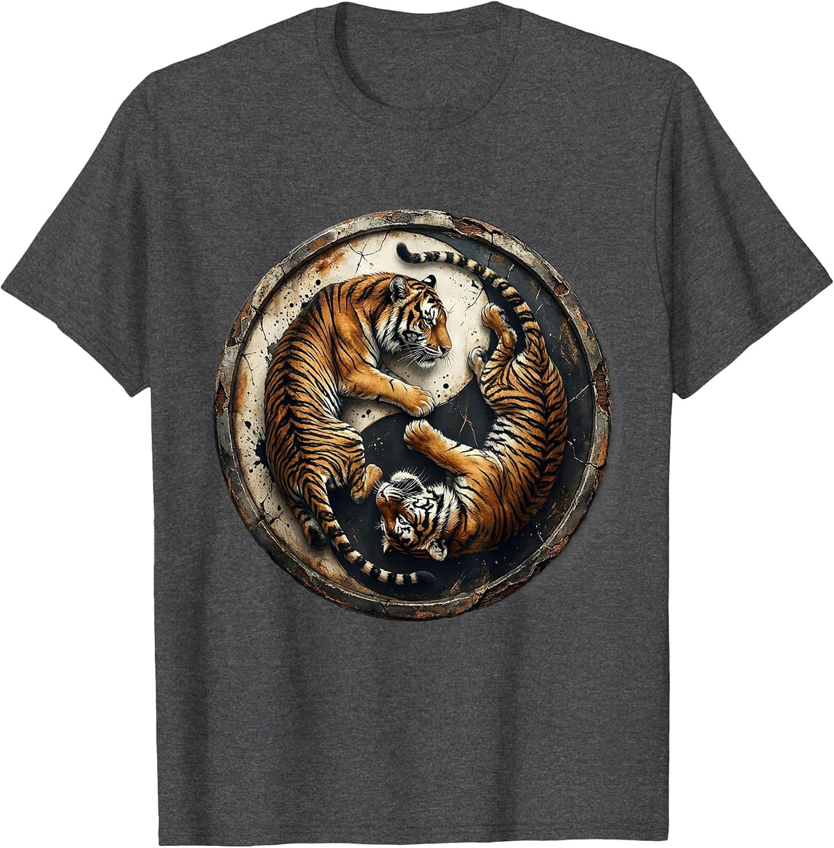 Tiger Yin Yang Circling Duo Graphic Design T-Shirt - Dark Heather Grey