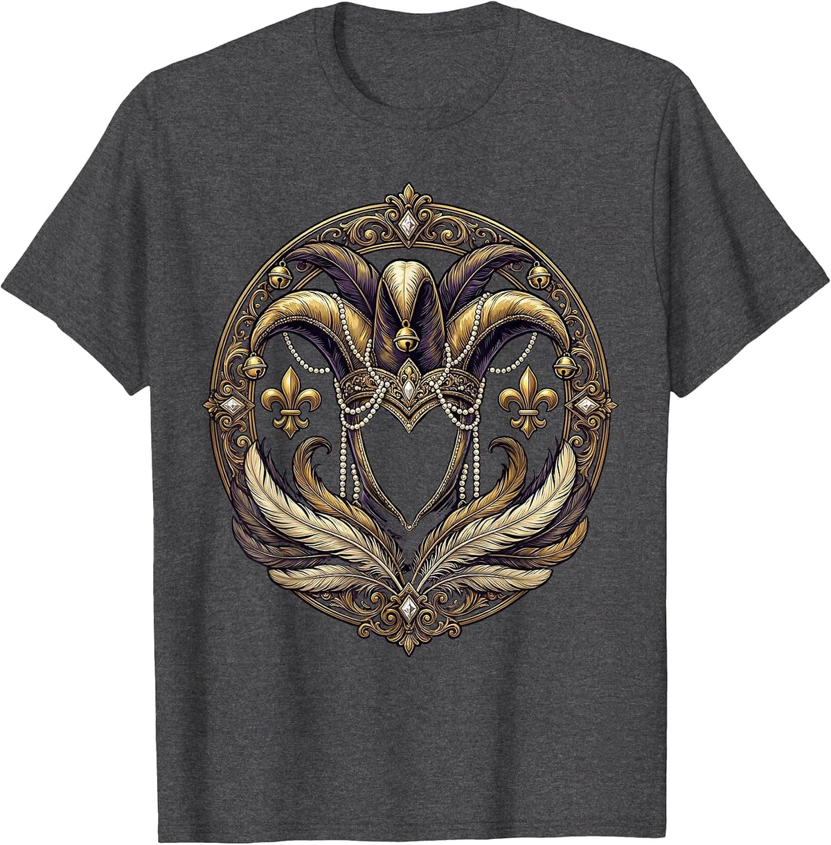 Mardi Gras Jester Hat Pearl Strands Festive Design T-Shirt - Dark Heather Grey