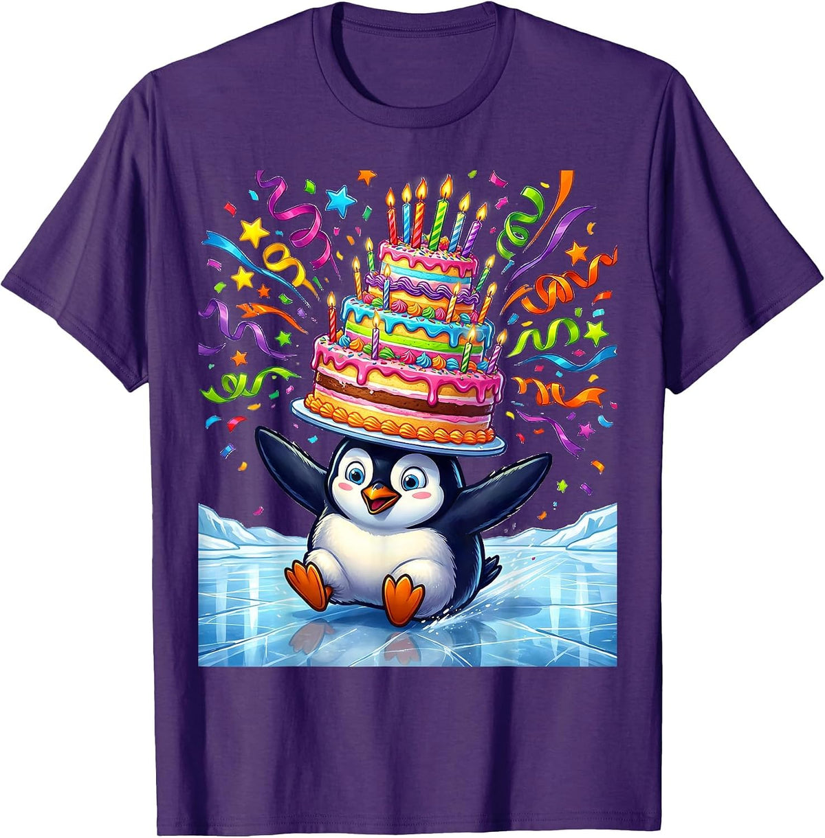 Penguin Ice Sliding Birthday Cake Celebration T-Shirt - Purple