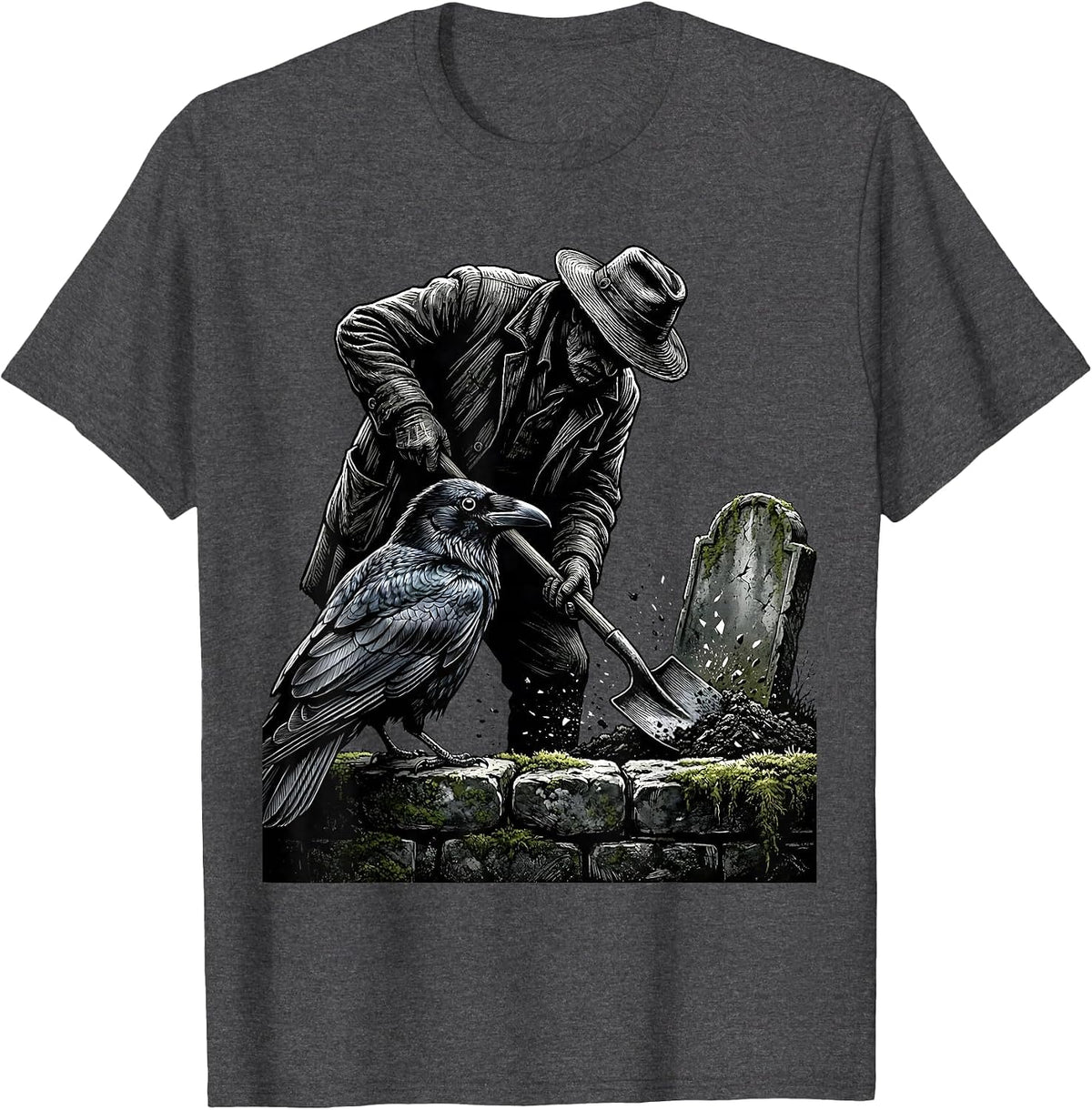Raven Watches Gravedigger Stone Wall Gothic Art T-Shirt - Dark Heather Grey