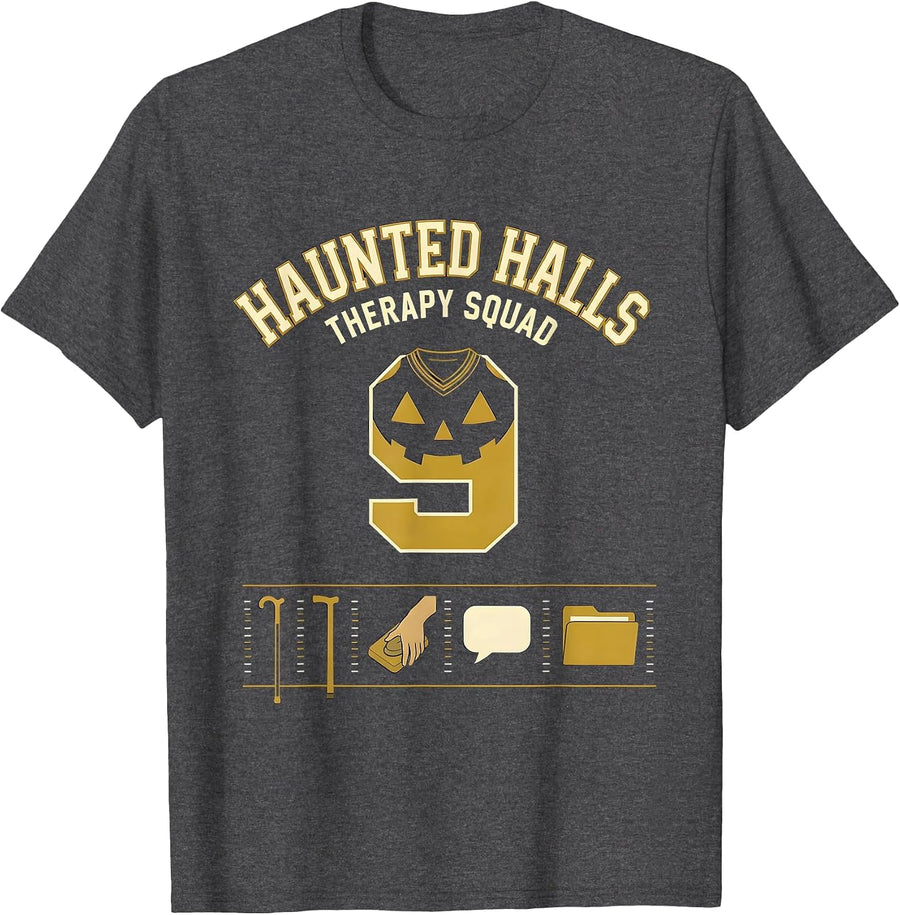 Men's Haunted Halls Therapy Squad Physical Therapy Halloween PT T-Shirt - Dark Heather Grey