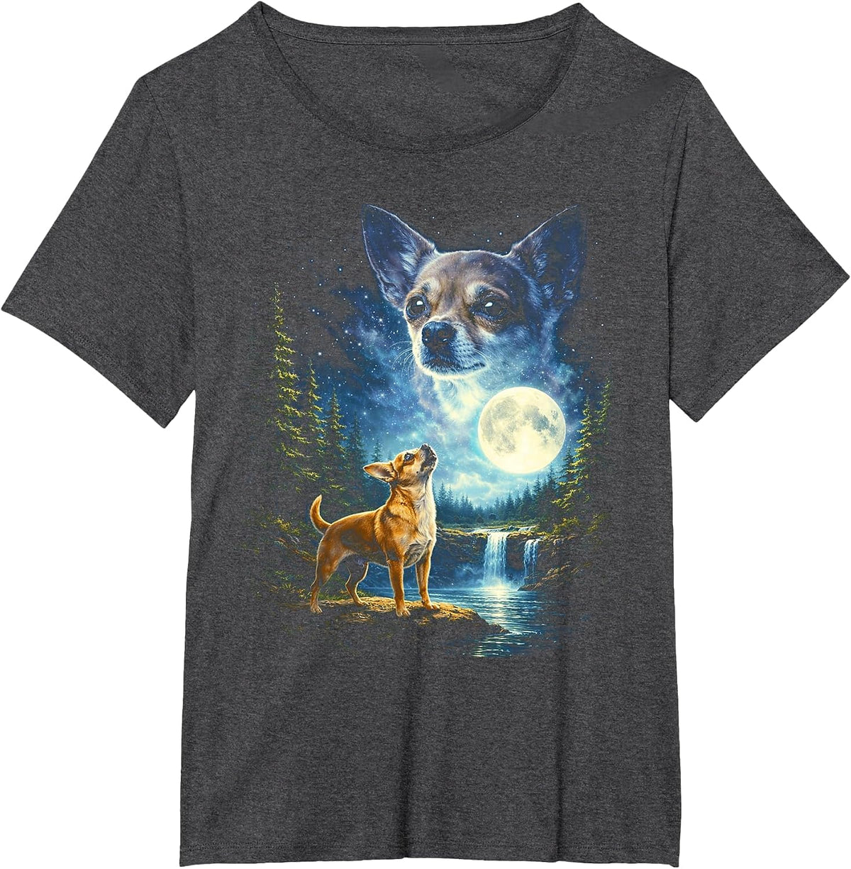 Chihuahua Howling Howl Vintage Funny Dog Moonlit Moon Art T-Shirt - Dark Heather Grey