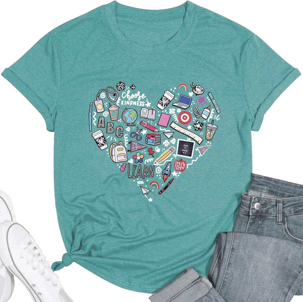 Teacher Shirt Women Teaching T-Shirt Funny Heart Graphic Tee Top Cute Kindergarten Teachers T-Shirt - Cyan