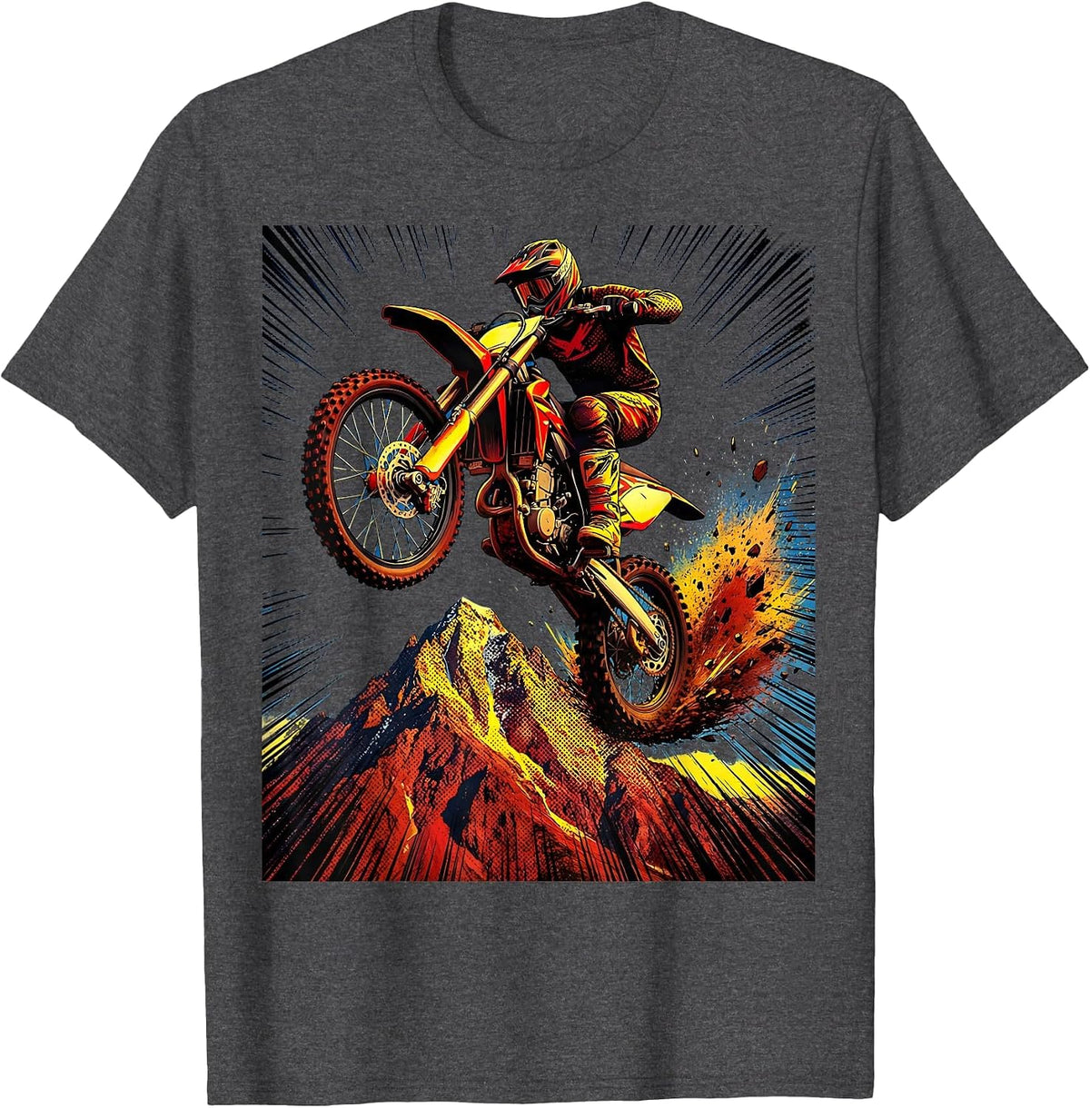 Motocross Bike Jumping Over Mountain Peak T-Shirt - Dark Heather Grey