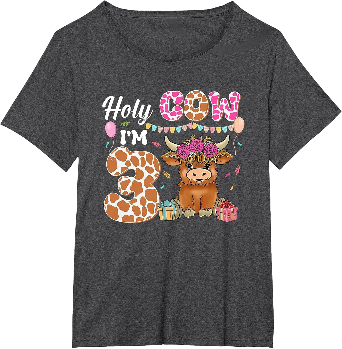 Holy Cow I'm 3 Highland Cow Farming 3rd Birthday 3 Years Old T-Shirt - Dark Heather Grey