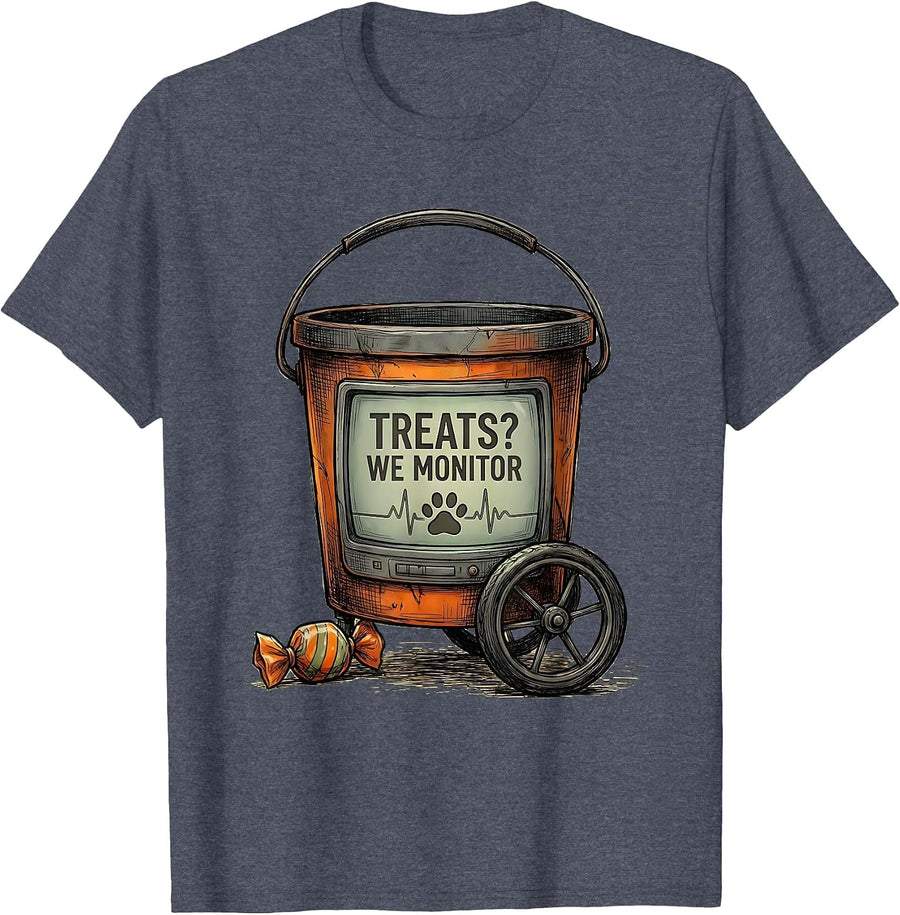 Treats? We Monitor Funny Vet Tech Halloween Costume T-Shirt - Heather Blue