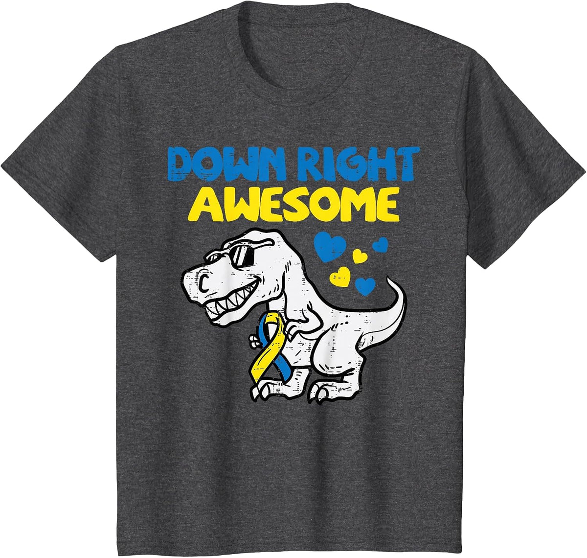 Down Right Awesome Dino Down Syndrome Awareness Tee T-Shirt for Boys Kids - Dark Heather Grey