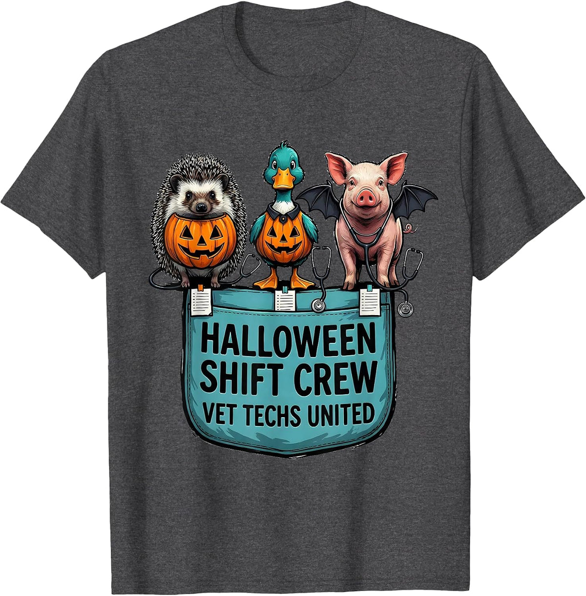 Men's Halloween Shift Crew Vet Techs United Whimsical Workplace T-Shirt - Dark Heather Grey