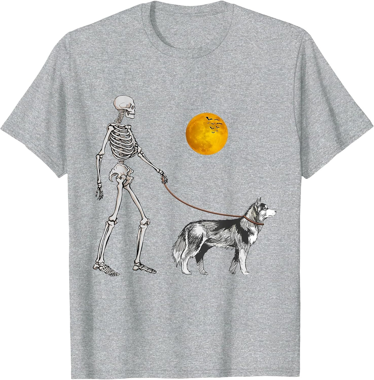 Siberian Husky Skeleton Dog Walking Halloween Costume T-Shirt - Heather Grey
