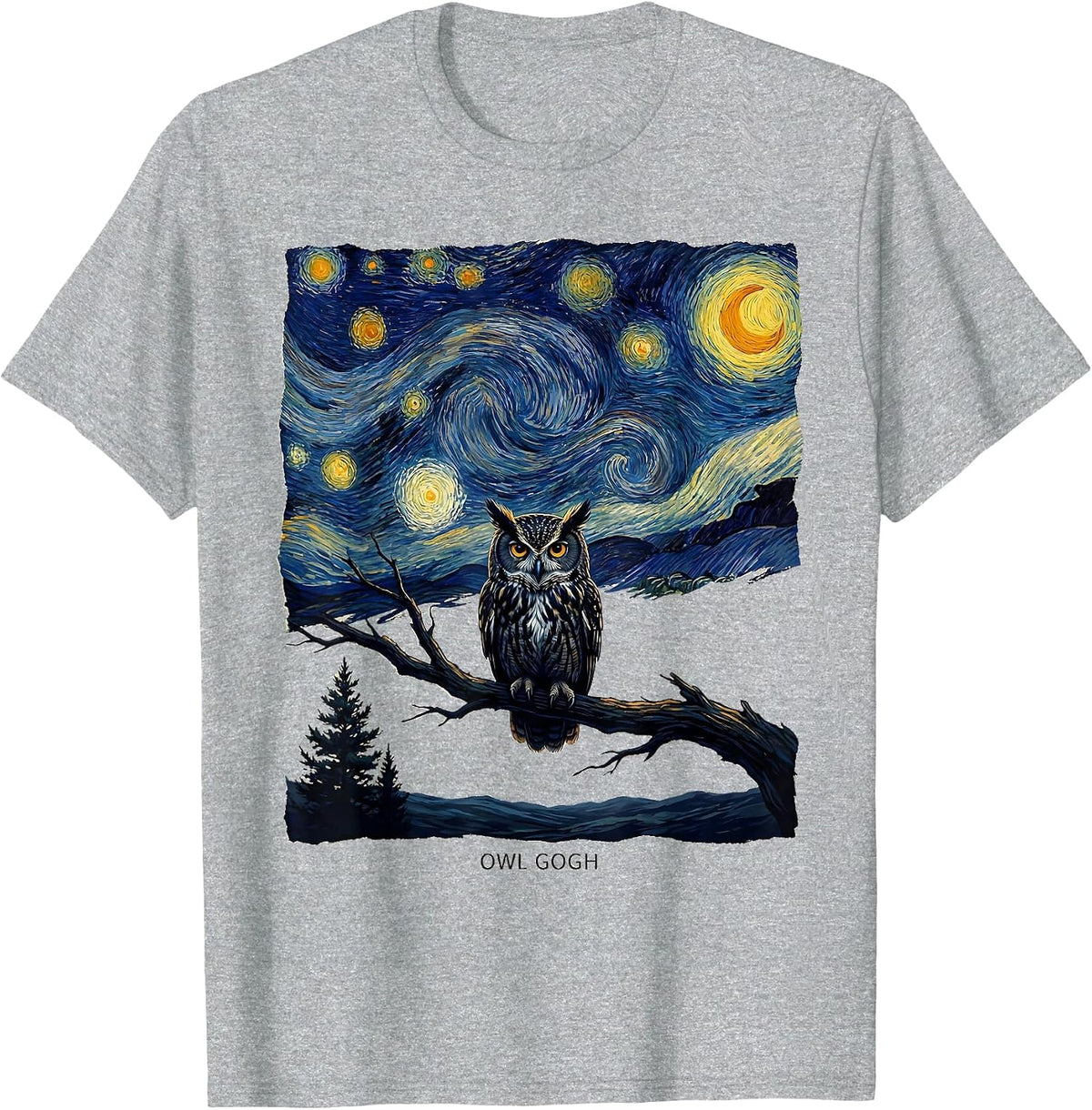 Men's Owl Gogh Whimsical Van Gogh Starry Night Animal Lover T-Shirt - Heather Grey